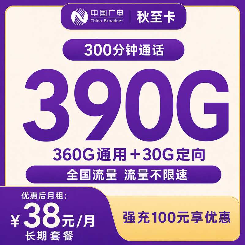广电秋至卡38元360G通用+30G定向+300分钟【只发山东】