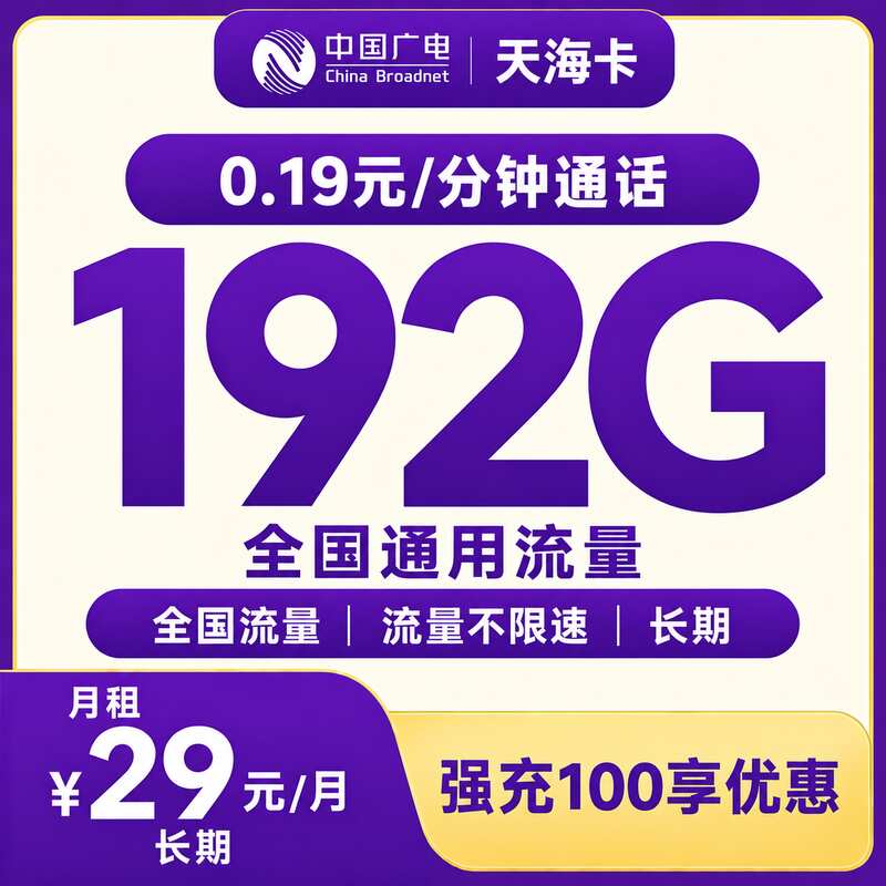 广电天海卡29元192G+0.19/分钟【发全国】